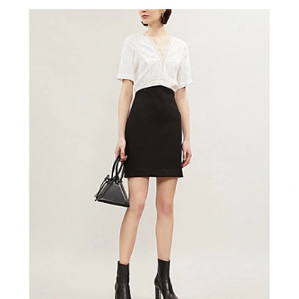 Maje Ravelle Lace-Inset Ceep V Neck Colorblock Mini Dress Ptp 17" Sz 3 UK / L US - Picture 2 of 16
